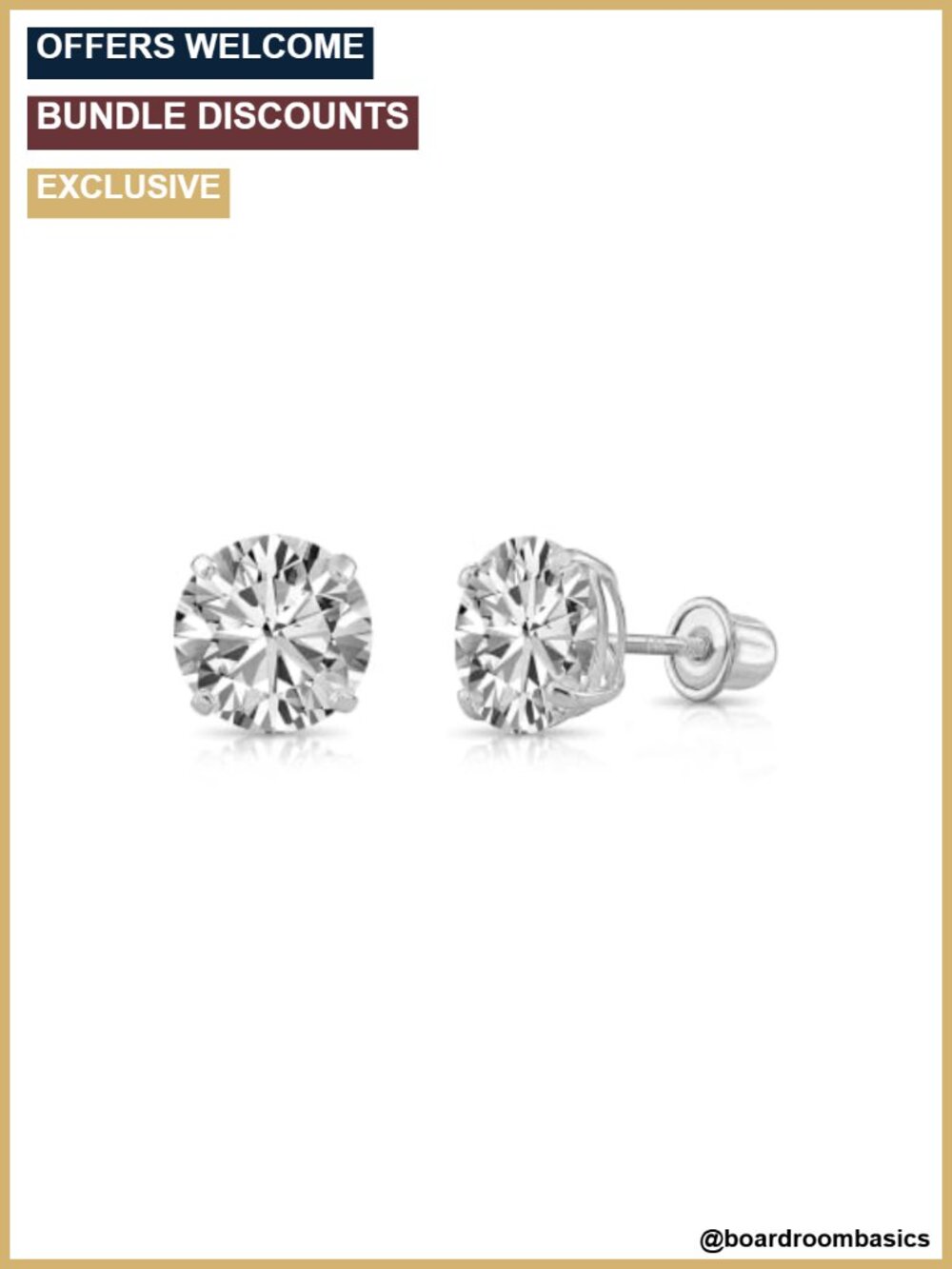 14k White Gold Solitaire Round Cubic Zirconia CZ Stud Earrings Screw-backs